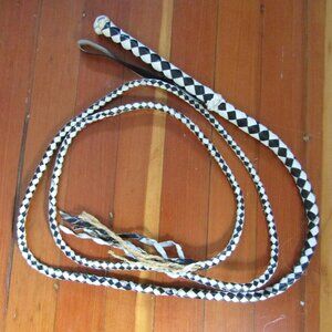 Vintage 1960s Mexican Braided Leather Whip - Black & White Diamond Pattern